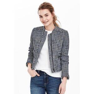 Banana Republic Blue Black White Tweed Long Sleeve Raw Hem Blazer Jacket 6 Small